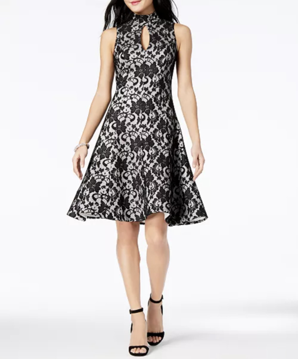 JAX Dress Womens 4 Black‎ White Sleeveless Lace Fit & Flare Party Keyhole Neck